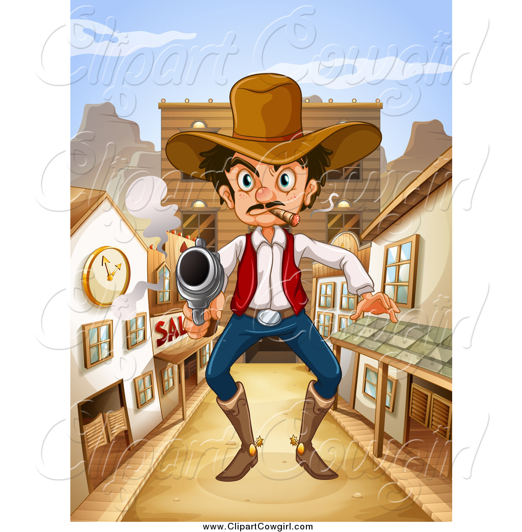 Clipart Of A Giant Mad Outlaw Man With A Pistol In A Wild West Town By