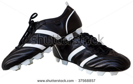 Pair Black Leather Soccer Shoes Isolated On White   Stock Photo
