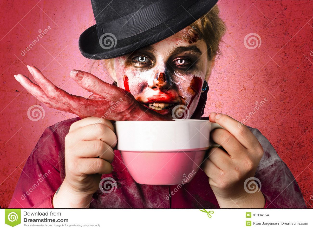 Creepy Female Zombie Holding Big Soup Cup Containing Severed And