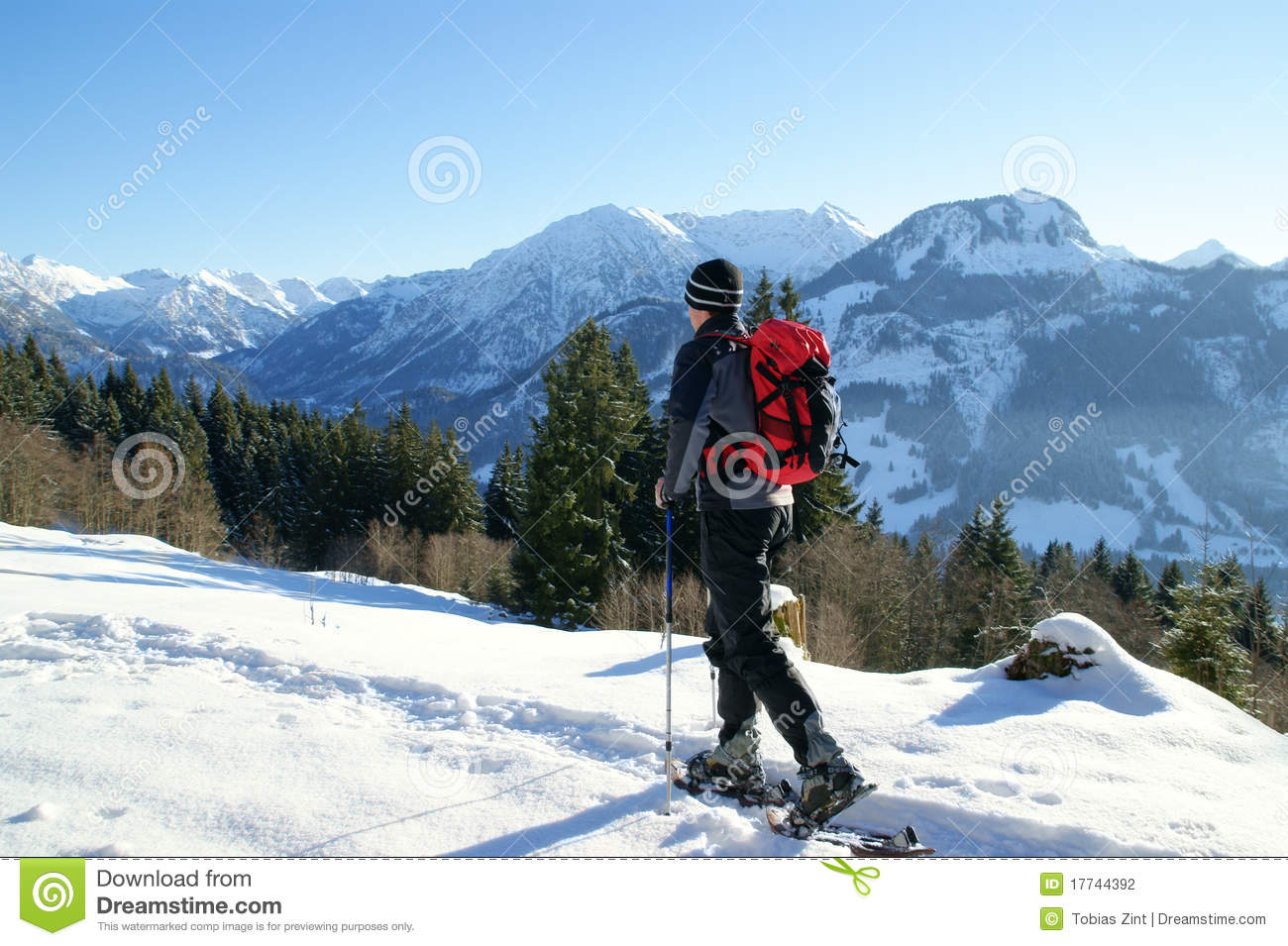 Man Makes A Snowshoe Tour In A Beautiful Mountain Landscape