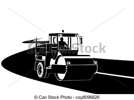 Clip Art Vector Of Road Construction Machinery On The Road Black And