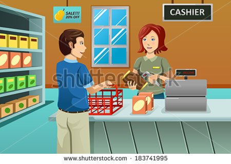 Vector Illustration Of Cashier Working In The Grocery Store Serving