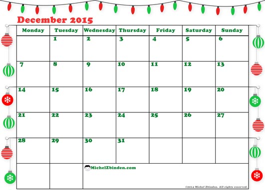 2015 Calendar With Christmas Festival Templates December 2015 Calendar