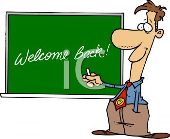 5922 Cartoon Of A Teacher Welcoming His Students Back Clipart Image