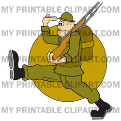 Army Soldier Marching With A Gun And Backpack While Saluting Clipart