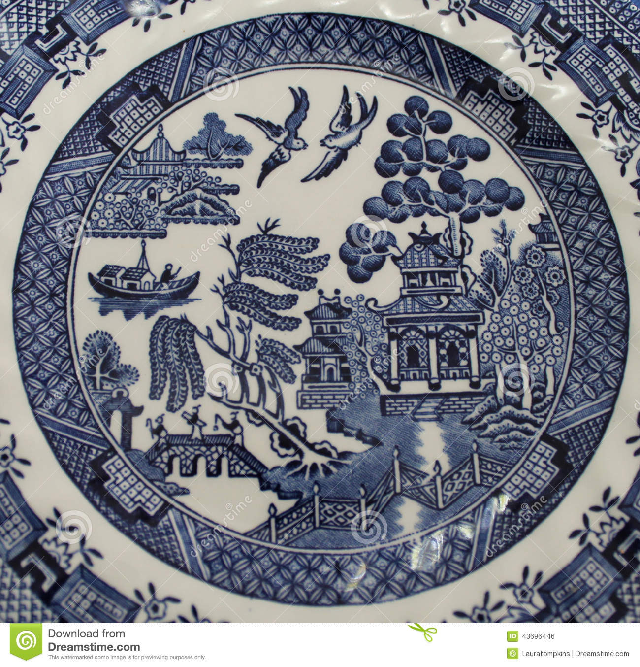 Detail Of The Old Blue Willow Pattern  This Classic Pattern Has Been