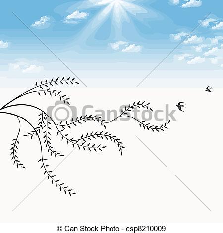Vector   Branch Of Willow And Birds   Stock Illustration Royalty Free