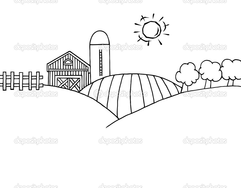 Outline Of Rolling Hills A Farm And Silo On Farm Land   Stock Image