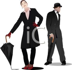 Male And Female Model With Umbrellas   Royalty Free Clipart Picture
