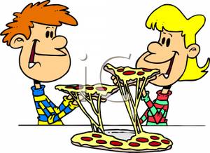 Kids Eating Pepperoni And Cheese Pizza   Royalty Free Clipart Picture