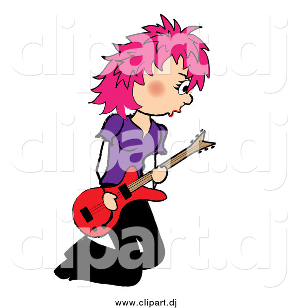 Vector Clipart Of A Kneeling Pink Haired Female Guitarist Musician By