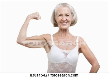 Portrait Of Senior Woman Flexing Muscles Against White Background View