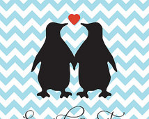 Happy Couple Penguin Silhouette Heart Engagement Gift Shower Gift