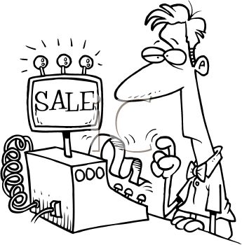 Black And White Cartoon Of A Man Using A Cash Register   Royalty Free