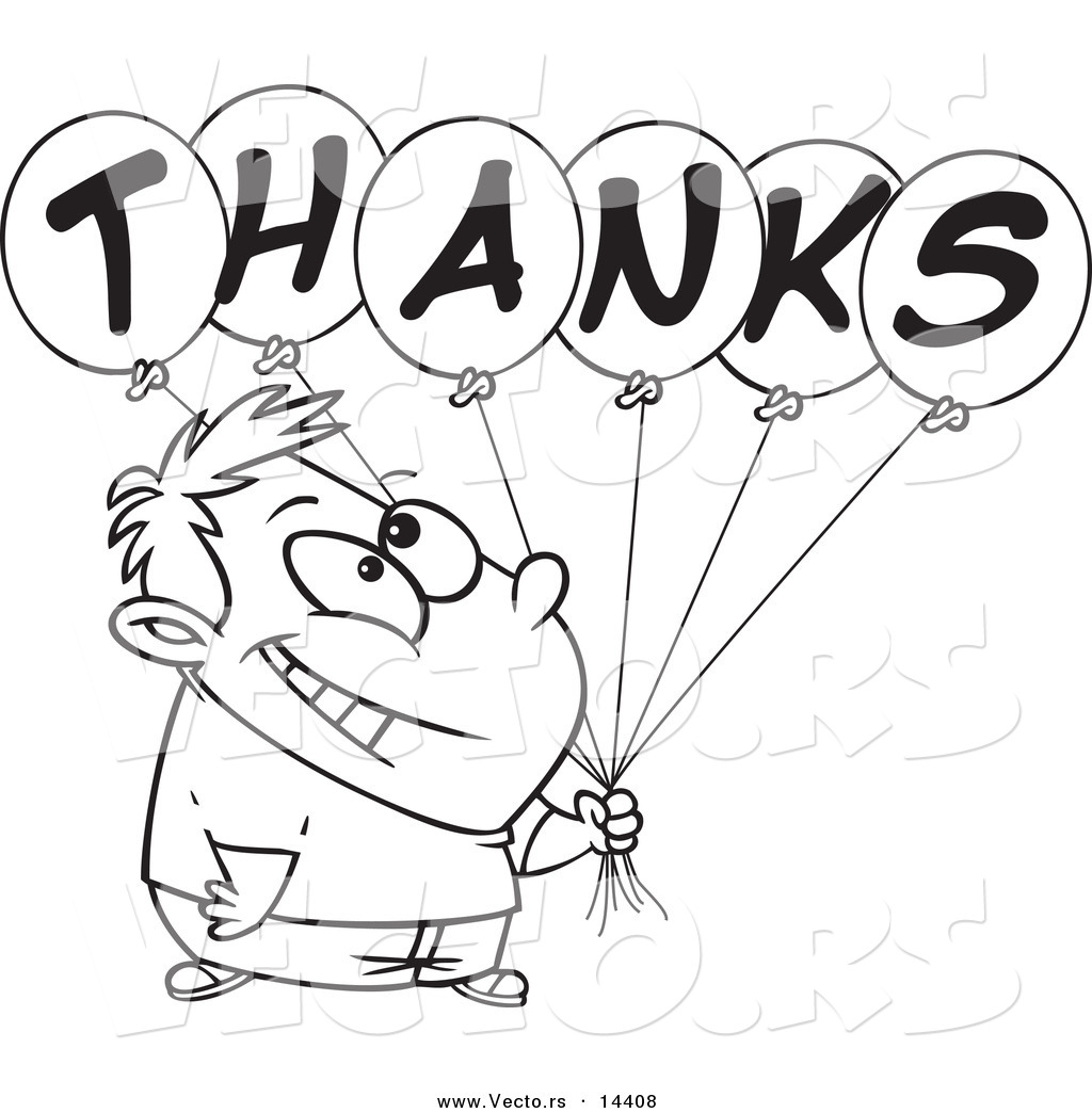 Cartoon Grateful Boy Holding Thanks Balloons   Coloring Page Outline