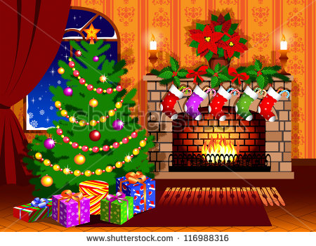Christmas Tree And Fireplace Stocking Stock Photo 116988316