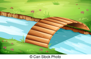 Wooden Bridge At The River   Illustration Of A Wooden